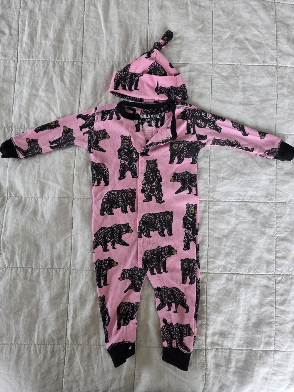 Blue House Pink Bear Print Kids Pajama Set with Hat